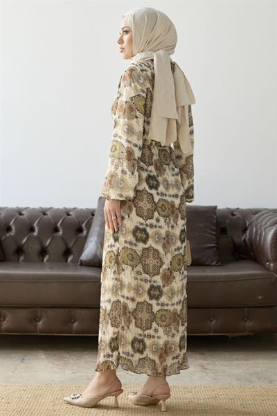 Piliseli Şal Desen Haki Şifon Elbise