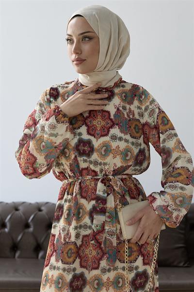 Piliseli Şal Desen Kırmızı Şifon Elbise