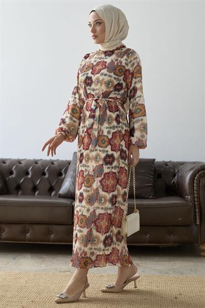 Piliseli Şal Desen Kırmızı Şifon Elbise