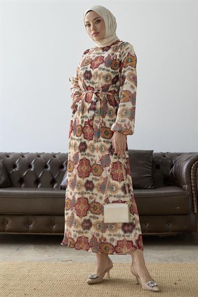 Piliseli Şal Desen Kırmızı Şifon Elbise