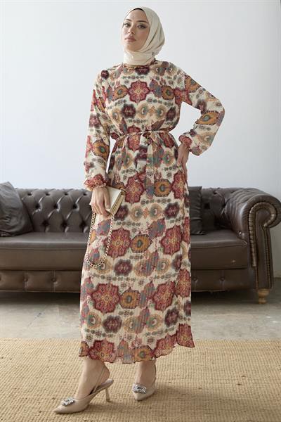 Piliseli Şal Desen Kırmızı Şifon Elbise