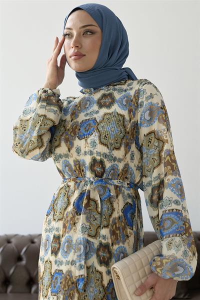 Piliseli Şal Desen Mavi Şifon Elbise