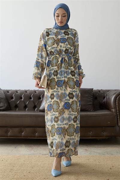 Piliseli Şal Desen Mavi Şifon Elbise