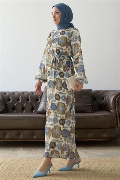 Piliseli Şal Desen Mavi Şifon Elbise