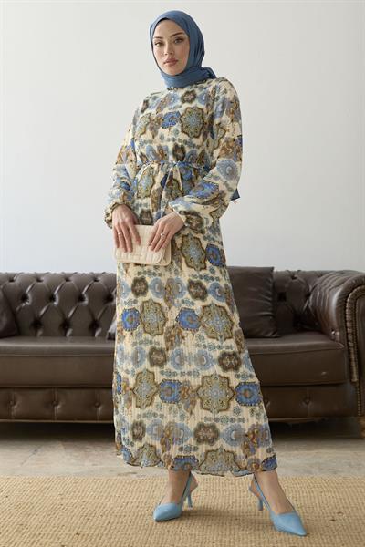 Piliseli Şal Desen Mavi Şifon Elbise