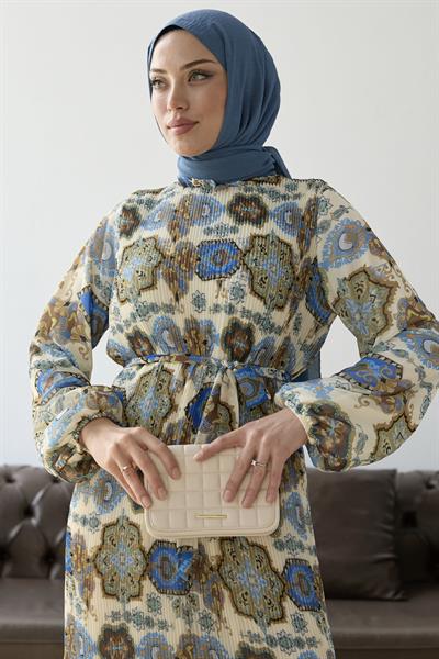 Piliseli Şal Desen Mavi Şifon Elbise