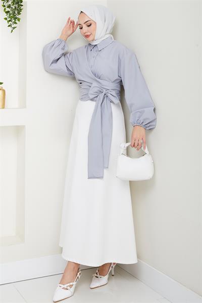 Poplin Bağlamalı Gömlek Gri