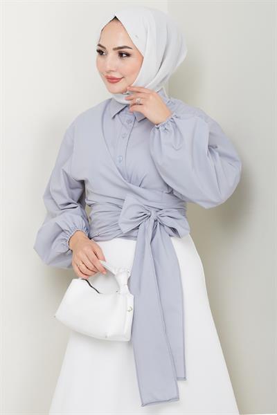 Poplin Bağlamalı Gömlek Gri