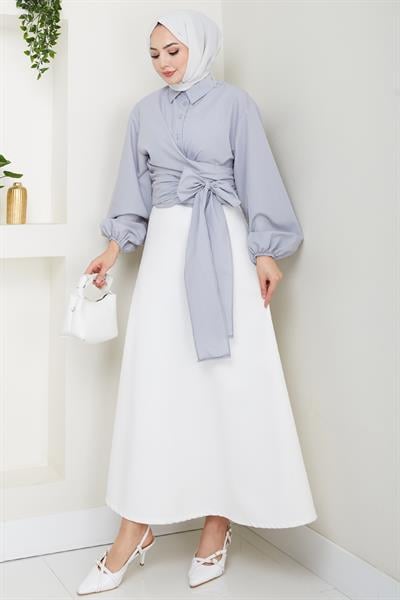 Poplin Bağlamalı Gömlek Gri