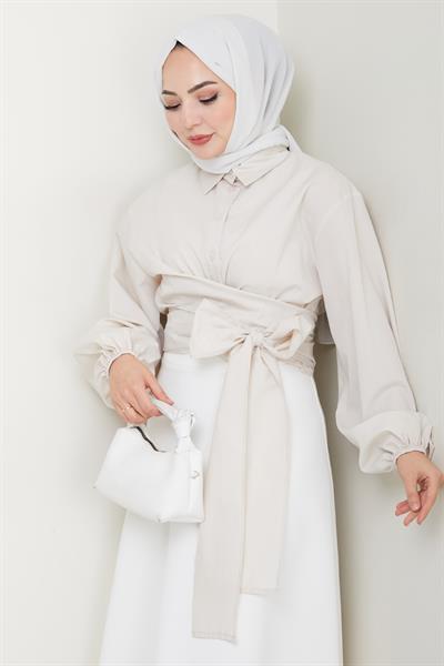 Poplin Bağlamalı Gömlek Taş