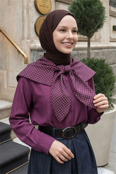 Puantiye Yaka Garnili Mürdüm Gömlek