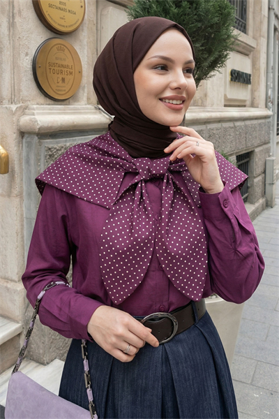 Puantiye Yaka Garnili Mürdüm Gömlek