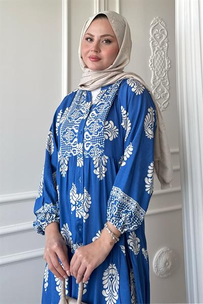 Puantiyeli Etnik Desen İndigo Viskon Elbise