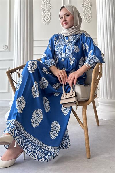 Puantiyeli Etnik Desen İndigo Viskon Elbise