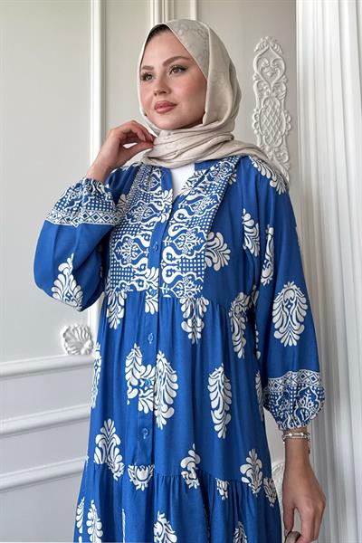 Puantiyeli Etnik Desen İndigo Viskon Elbise