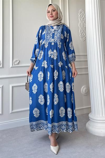 Puantiyeli Etnik Desen İndigo Viskon Elbise