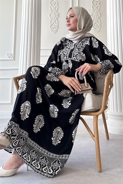 Puantiyeli Etnik Desen Siyah Viskon Elbise