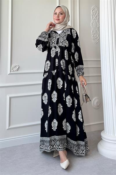 Puantiyeli Etnik Desen Siyah Viskon Elbise