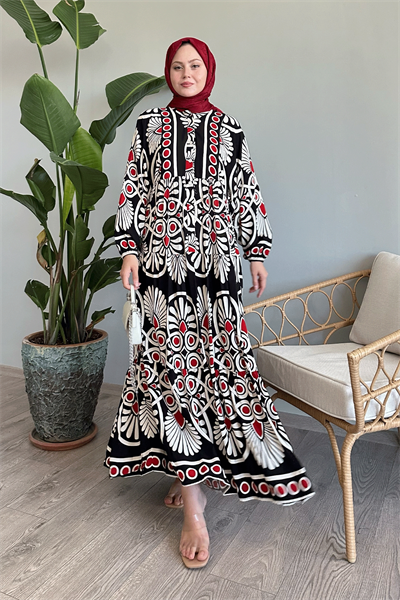 Puantiyeli Karışık Siyah Viskon Elbise