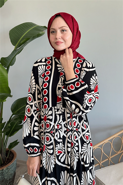 Puantiyeli Karışık Siyah Viskon Elbise