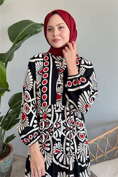 Puantiyeli Karışık Siyah Viskon Elbise