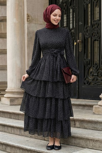 Puantiyeli Katlı Fırfır Siyah Kuşaklı Şifon Elbise
