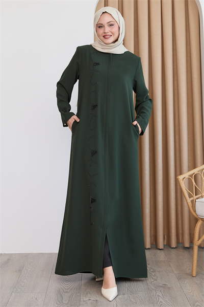 Pul Desenli Düz Haki Ferace