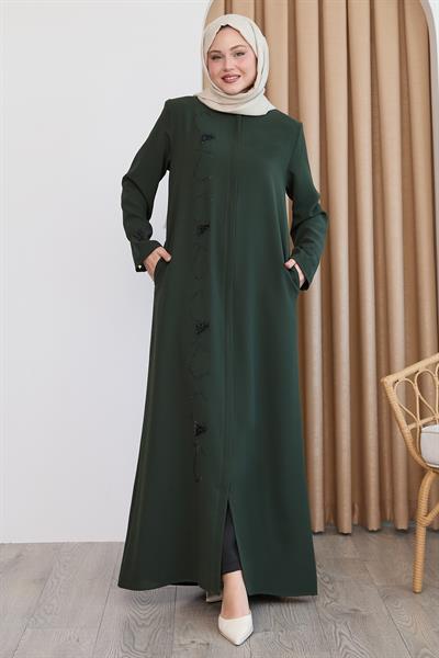 Pul Desenli Düz Haki Ferace