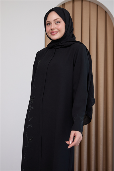 Pul Desenli Düz Siyah Ferace