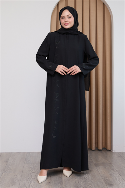 Pul Desenli Düz Siyah Ferace