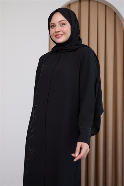 Pul Desenli Düz Siyah Ferace