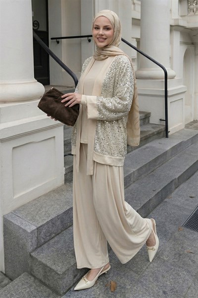 Pul Payetli Ajurlu Bej Takım