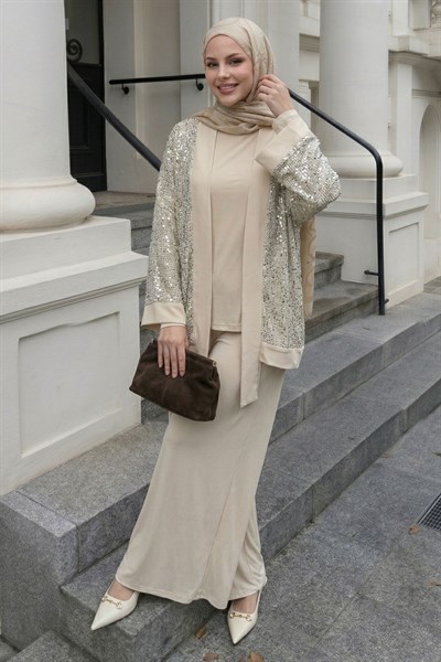 Pul Payetli Ajurlu Bej Takım