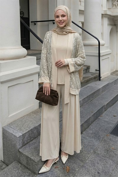 Pul Payetli Ajurlu Bej Takım