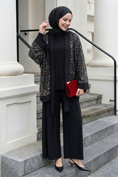 Pul Payetli Ajurlu Siyah Takım