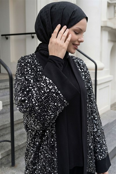 Pul Payetli Ajurlu Siyah Takım