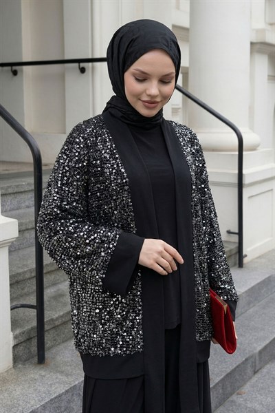 Pul Payetli Ajurlu Siyah Takım