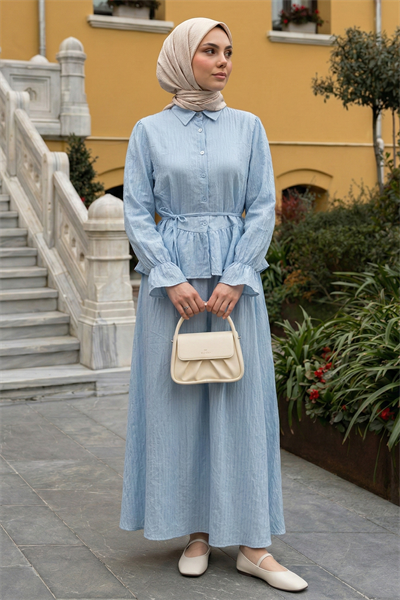 Pullu Gömlekli İkili Açık Mavi Takım