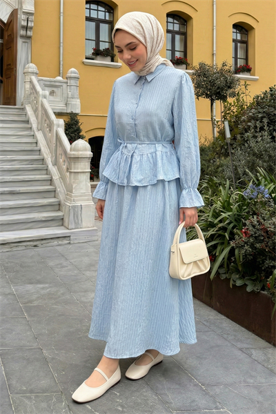 Pullu Gömlekli İkili Açık Mavi Takım