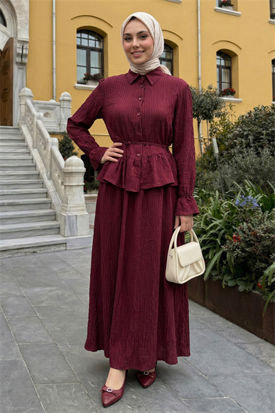 Pullu Gömlekli İkili Bordo Takım