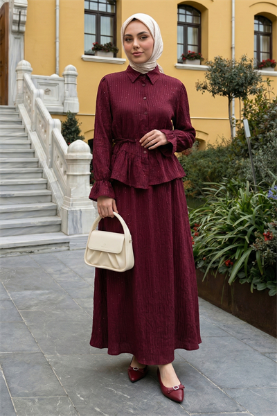 Pullu Gömlekli İkili Bordo Takım