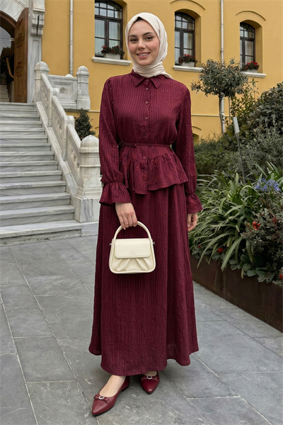 Pullu Gömlekli İkili Bordo Takım