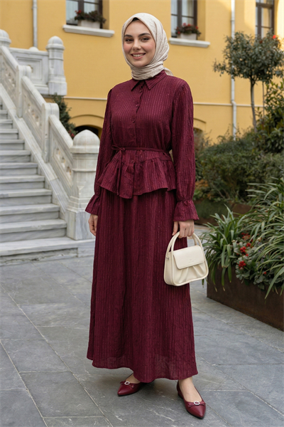 Pullu Gömlekli İkili Bordo Takım