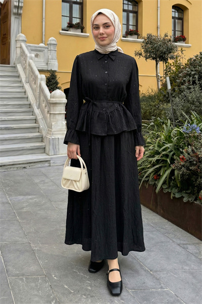 Pullu Gömlekli İkili Siyah Takım