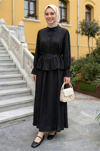 Pullu Gömlekli İkili Siyah Takım