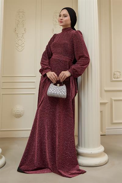 Pullu Taşlı Buzy Pembe Abiye Elbise