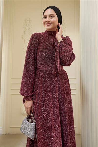 Pullu Taşlı Buzy Pembe Abiye Elbise