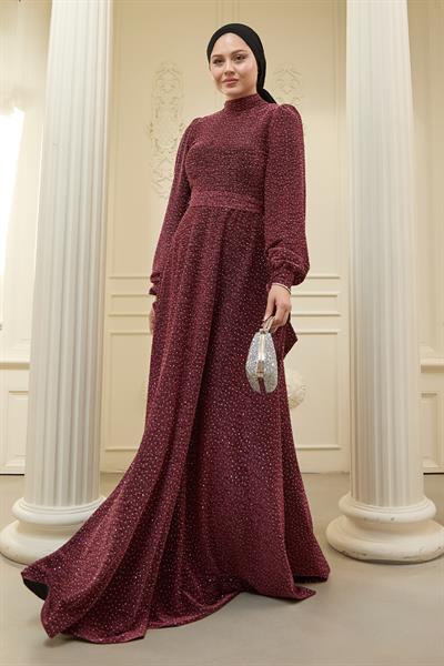 Pullu Taşlı Buzy Pembe Abiye Elbise