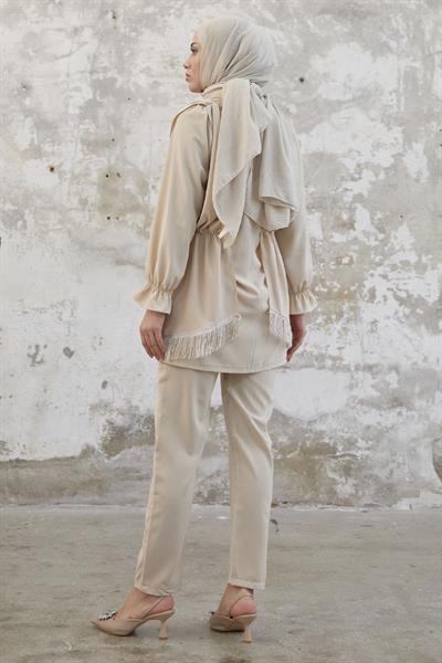 Tassel Detailed Stone Beige Crepe Suit