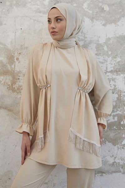 Tassel Detailed Stone Beige Crepe Suit